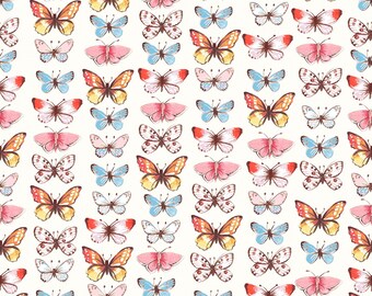 May include: A seamless pattern featuring a variety of colorful butterflies with brown, orange, pink, blue, and white wings. The butterflies are arranged in rows on a white background.