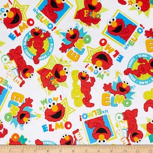 Sesame Street Cotton Fabric by the Yard - Elmo Vignettes White - QT Fabrics 27542-Z