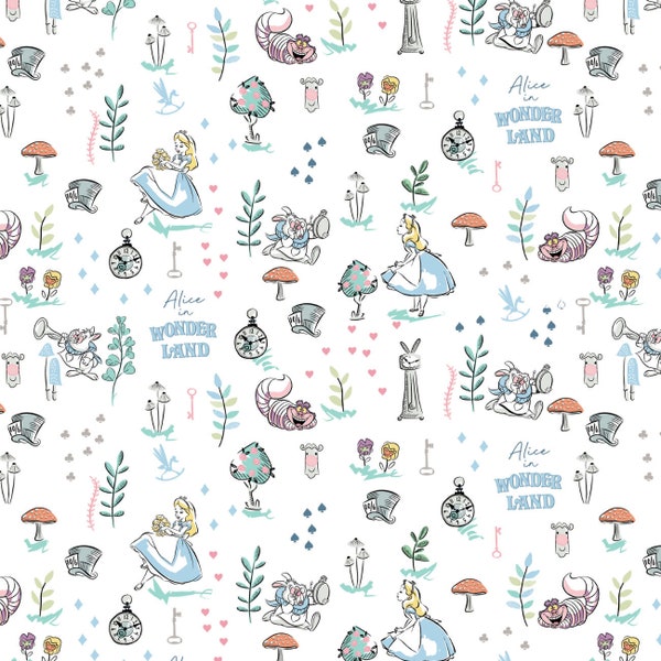 Alice in Wonderland Cotton Fabric by the Yard - Disney Alice in Wonderland III Wonderland Scene White - Camelot 85020406-1