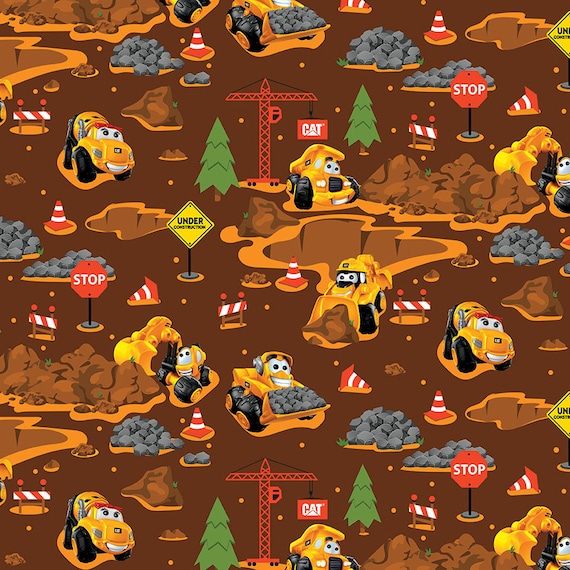 CAT Buildin Crew Fabric by the Yard Caterpillar Main Brown