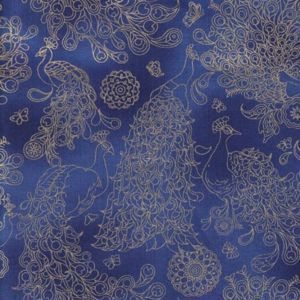 Peacock Cotton Fabric by the Yard - Imperial Garden Peacocks Blue Metallic - Oasis 604161
