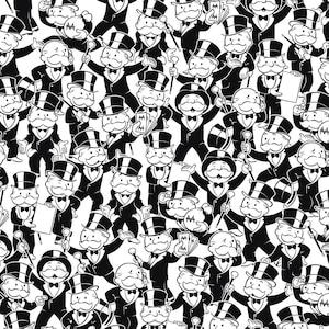 May include: A black and white pattern featuring numerous illustrations of a mustached man in a tuxedo, top hat, and bow tie. The figures are in various poses, some holding canes, cards, or notepads, creating a repeating design.
