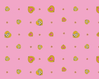 May include: A pink background with a repeating pattern of yellow hearts with a pink interior and a white ampersand symbol inside.