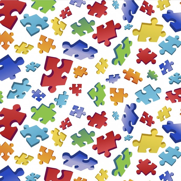 Autism Awareness Cotton Fabric by the Yard - Puzzle Toss White - David Textiles DX-2551-0C-1