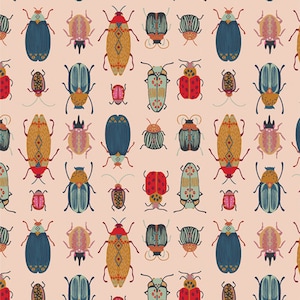 May include: A repeating pattern of stylized beetles in various colors, including blue, red, yellow, and pink, on a light peach background. The beetles have intricate designs and patterns, creating a whimsical and decorative design.