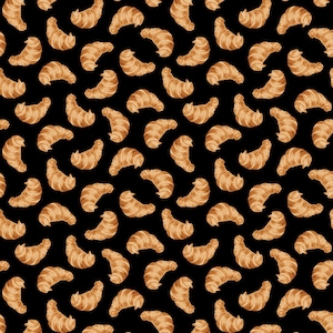 May include: A seamless pattern of brown croissants on a black background. The croissants are arranged in a repeating pattern, with each croissant overlapping the next.