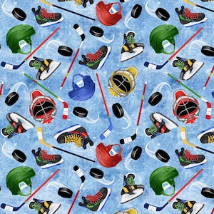 May include: A blue background with a repeating pattern of hockey equipment. The pattern includes hockey sticks, pucks, skates, and helmets in various colors.