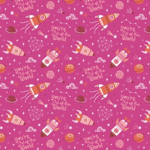 Space Valentine Cotton Fabric by the Yard - Character Valentine&#39;s Day You&#39;re Out of This World Pink - Camelot 89210901-1