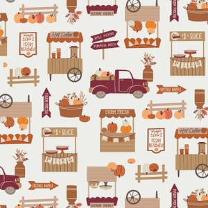 May include: A repeating pattern featuring a fall harvest theme. The design includes pumpkins, farm stands, a pickup truck, and signs that read "Farm Fresh", "Hot Coffee", and "Pumpkin Patch". The color palette is warm, with shades of orange, brown, and cream.