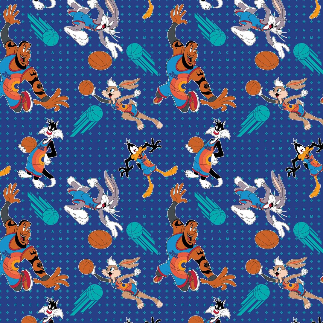 Space Jam Cotton Fabric by the Yard Blue Space Jam Players Tonal