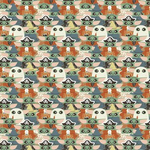 May include: A repeating pattern of green, brown, and white cartoon characters wearing different costumes. The characters are wearing costumes like a pirate, a ghost, a witch, and a mummy.