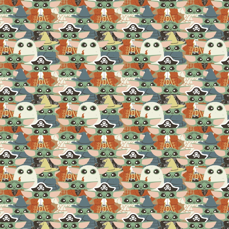 May include: A repeating pattern of green, brown, and white cartoon characters wearing different costumes. The characters are wearing costumes like a pirate, a ghost, a witch, and a mummy.