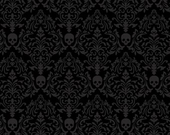 Halloween Cotton Fabric by the Yard - Spooky Night Spooky Small Damask Black - Studio E 5720-99