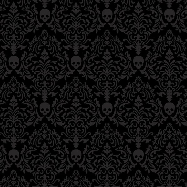 Halloween Cotton Fabric by the Yard - Spooky Night Spooky Small Damask Black - Studio E 5720-99