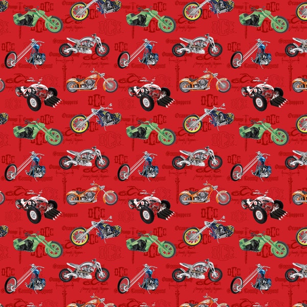 Motorcycle Cotton Fabric by the Yard - Orange County Choppers Toss Red - Michael Miller DDC10640-RED