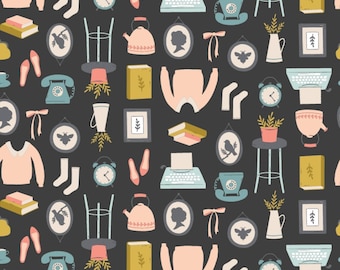 Retro Home Cotton Fabric by the Yard - Home Sweet Home Domestic Delights Charcoal - Camelot 21210101-2