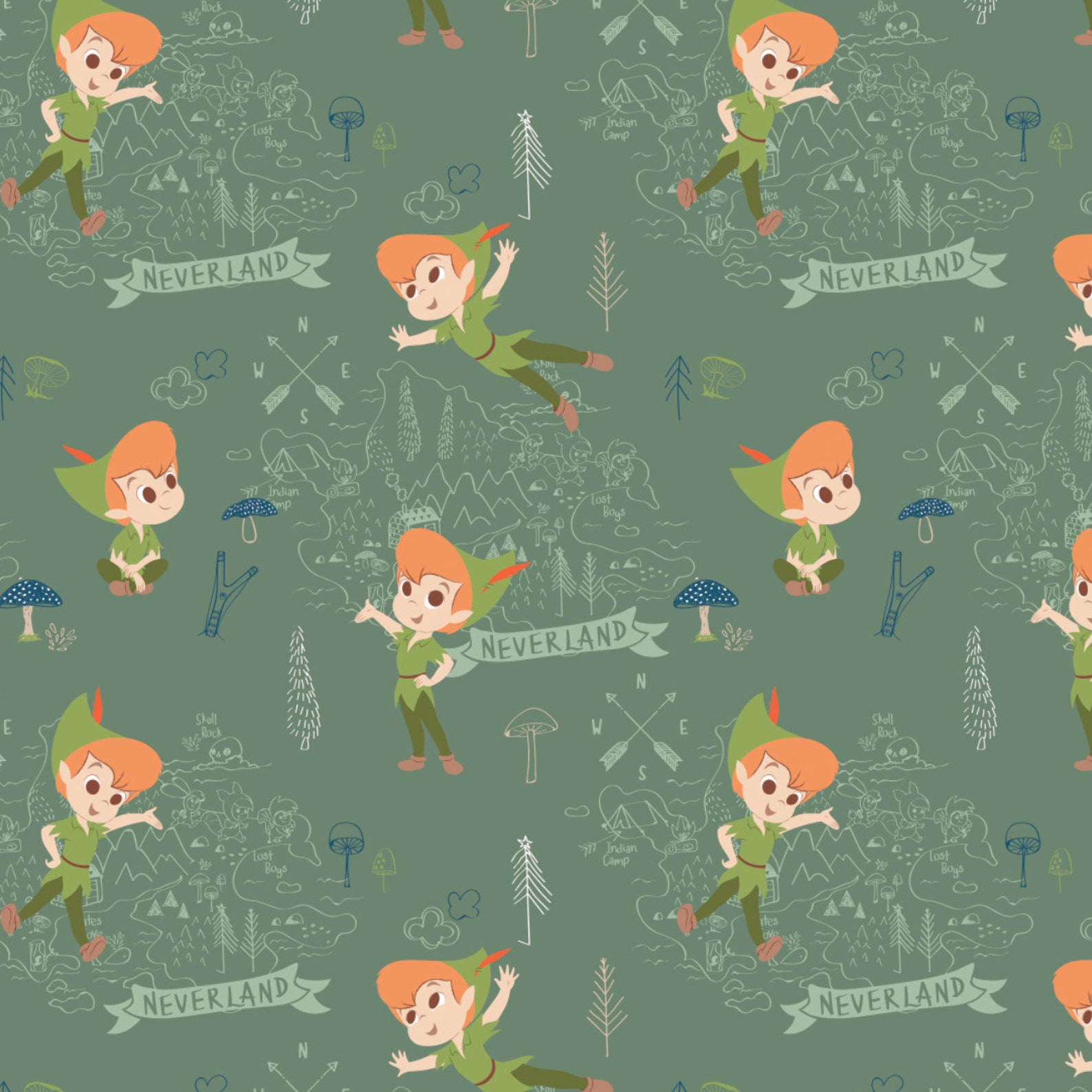 Peter Pan Fabric by the Yard Neverland Adventures Green Etsy