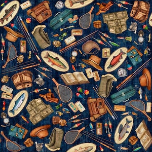 May include: A repeating pattern on a dark blue background featuring fishing gear including brown vests, tan hats, fishing rods, nets, colorful lures, tackle boxes, open books, and various fish mounted on wooden oval plaques in a detailed illustration.