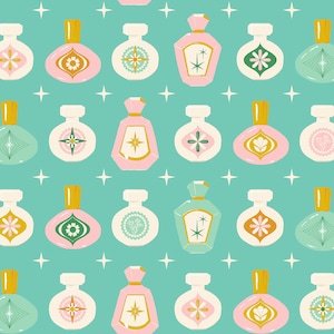 May include: A seamless pattern featuring various vintage-style perfume bottles with different geometric designs and colors on a turquoise background. The bottles are in shades of pink, green, yellow, and white.