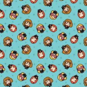 May include: A blue background with a repeating pattern of cartoon characters. The characters are all wearing glasses and have different colored hair. Some of the characters are wearing hats. The characters are all smiling.