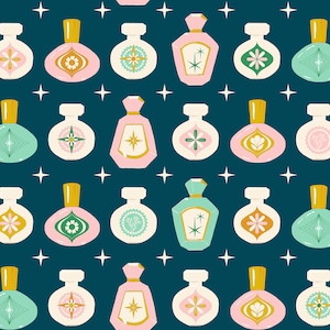 May include: A seamless pattern featuring various styles of perfume bottles with geometric designs in shades of pink, green, and gold on a dark blue background.