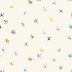 May include: A cream-colored pattern featuring colorful, hand-drawn periodic table elements. Each element is in a square with a different colored border, including purple, blue, yellow, and orange. The elements are scattered across the background.