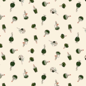 May include: A repeating pattern of potion bottles in various shapes and sizes, filled with green liquid. Some bottles have stoppers, others have decorative elements. The background is a light beige color.
