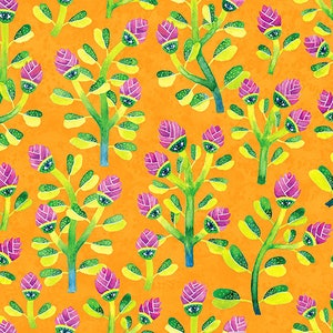 Halloween Cotton Fabric by the Yard - Halloween Monsters Eyed Plants Orange  - Paintbrush Studio 120-23295