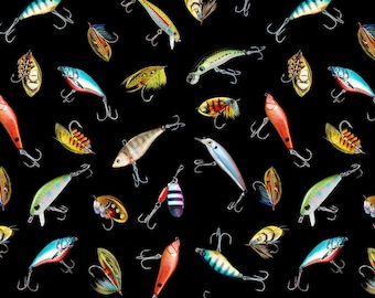 Fishing Cotton Fabric by the Yard - Girls Gone Fishing Bait and Tackle Black - Michael Miller DCX11942-BLAC