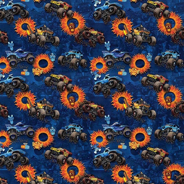 Monster Jam Fabric by the Yard - Monster Trucks Fire and Ice - Sykel 10261