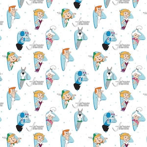 May include: A white background with a repeating pattern of the Jetsons family characters. The characters are in a blue and white color scheme and are in various poses. The text "The Jetsons" is repeated throughout the pattern.