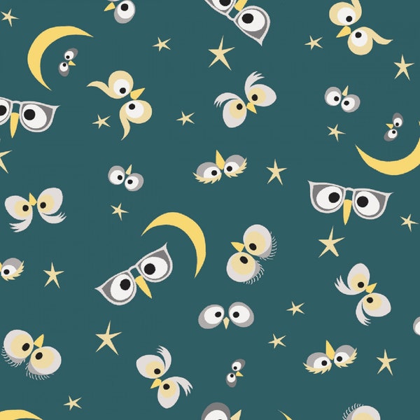 Owl Cotton Fabric by the Yard - Whoos Hoo Night Owl Teal - Windham 51594-3