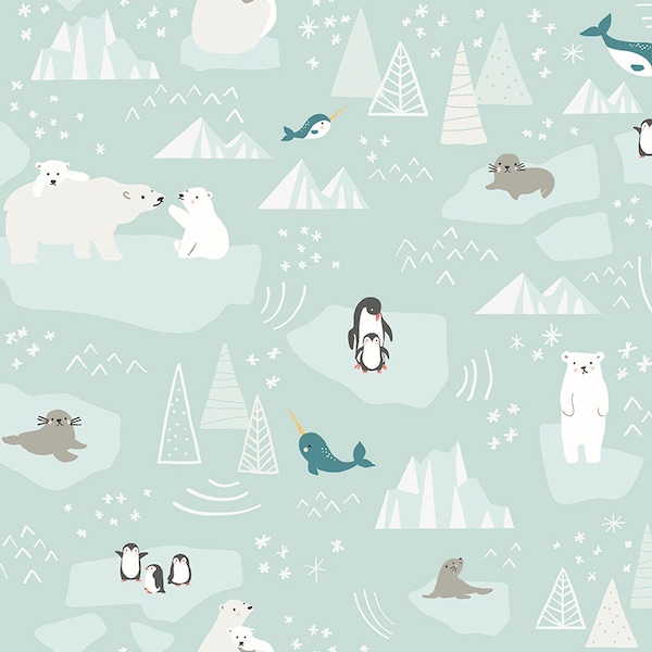 Arctic Animal Cotton Fabric by the Yard - Nice Ice Baby Main Mint - Riley Blake C11600-MINT