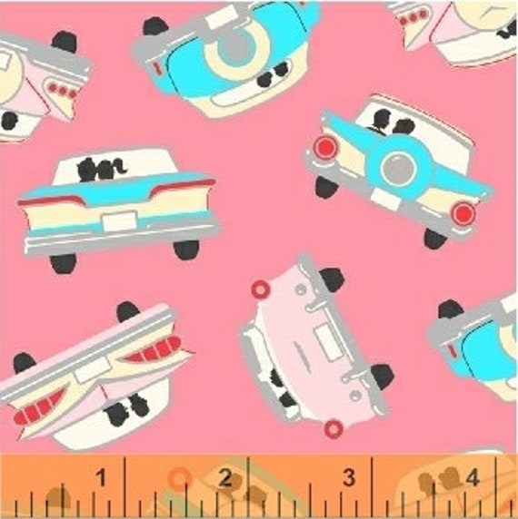 Vintage Car Cotton Fabric by the Yard - Going Steady Snuggling in the Car Pink - Windham Fabrics 43281-2