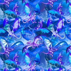 Dragon Cotton Fabric by the Yard - Fantasy Dragons Blue - Michael Searle for Timeless Treasures CD3072-BLUE