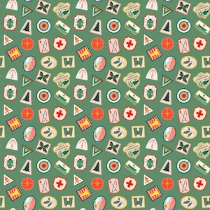 Camping Cotton Fabric by the Yard - Gone Camping Camp Badges Meadow - Dear Stella DFG2500-MEADOW