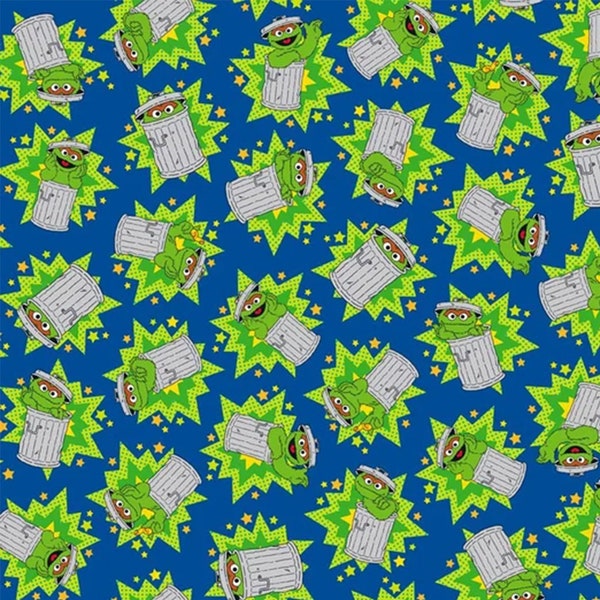 Sesame Street Cotton Fabric by the Yard - Oscar the Grouch Blue - QT Fabrics 28551-B