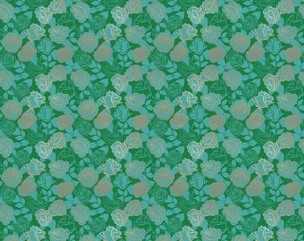 Modern Floral Cotton Fabric by the Yard - Curio Roses Billiard Metallic - Melody Miller for Ruby Star Society RS0063-14M