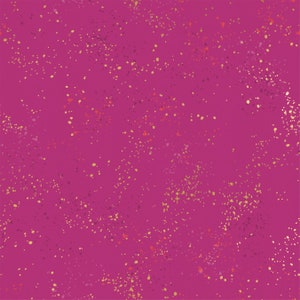 May include: A seamless pattern with a magenta background and a scattered pattern of small gold, pink, and orange dots.