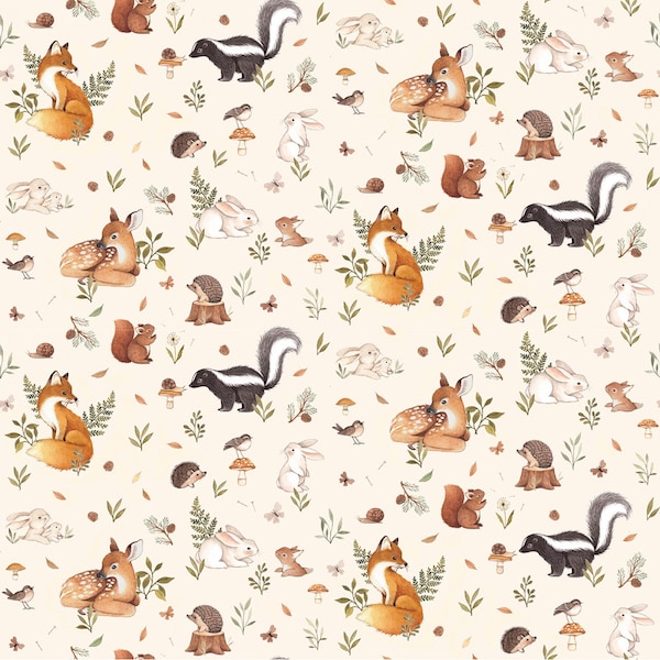 Woodland Cotton Fabric by the Yard - Little Fawn and Friends Cream  - Dear Stella 1912CREAM