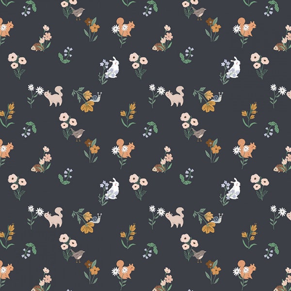 Animal Floral Cotton Fabric by the Yard - Owl You Need is Love Critters Charcoal - Dear Stella D2465-CHARCOAL