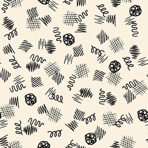 May include: A seamless pattern with a beige background and black doodle shapes. The shapes include swirls, lines, and squares.