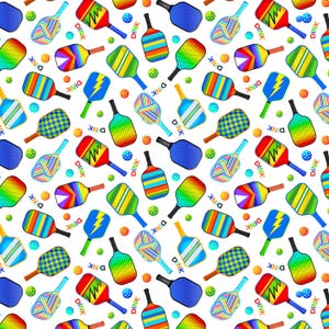 May include: A seamless pattern featuring colorful pickleball paddles and balls on a white background. The paddles have various designs, including stripes, zigzags, and geometric patterns. The balls are solid colors and have a textured surface.