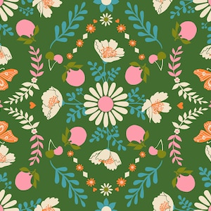 May include: A seamless pattern featuring a green background with white, pink, and orange flowers, butterflies, and leaves. The pattern is perfect for fabric, wallpaper, or other decorative projects.