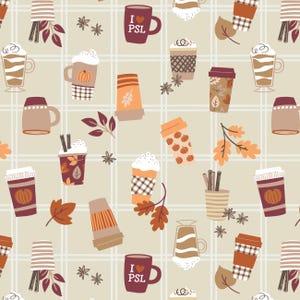 May include: A repeating pattern of fall-themed coffee cups, mugs, and leaves on a beige plaid background. The cups and mugs feature pumpkin designs, whipped cream, and the text "I PSL". The color palette includes shades of brown, orange, and beige.
