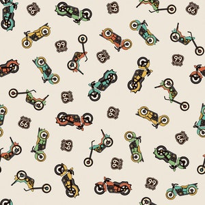 Motorcycle Cotton Fabric by the Yard - Route 66 Bikes Cream - Riley Blake C15011-CREAM