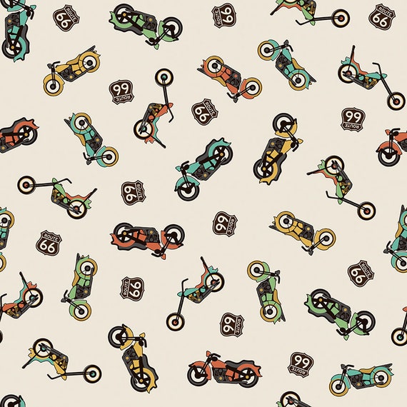 Motorcycle Cotton Fabric by the Yard - Route 66 Bikes Cream - Riley Blake C15011-CREAM
