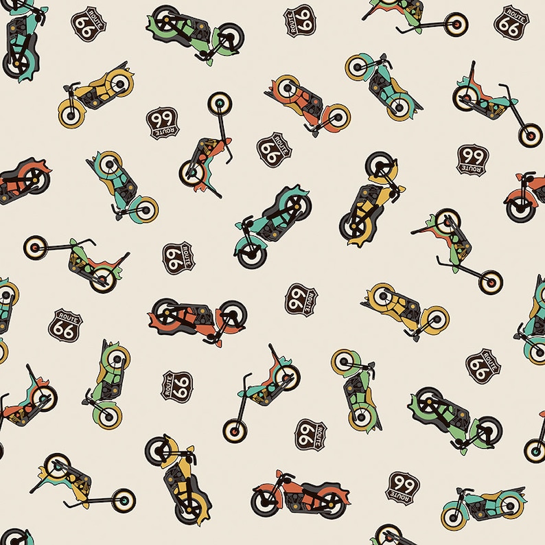May include: A seamless pattern featuring a variety of colorful motorcycles and Route 66 signs. The motorcycles are in different colors and styles, including red, green, blue, and yellow. The Route 66 signs are all red and white with the text "Route 66" in black.