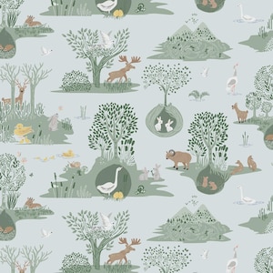 Forest Animal Cotton Fabric by the Yard - Forest Fable Forest Toile Seafoam - Dear Stella D3160 SEAFOAM