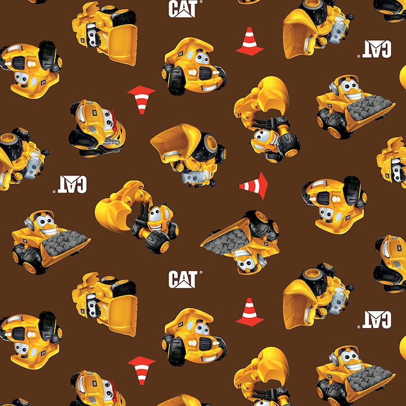 May include: A brown background with a repeating pattern of yellow toy construction vehicles. The vehicles are all different types, including bulldozers, excavators, and dump trucks. The vehicles have black wheels and black details. The text "CAT" appears on some of the vehicles.